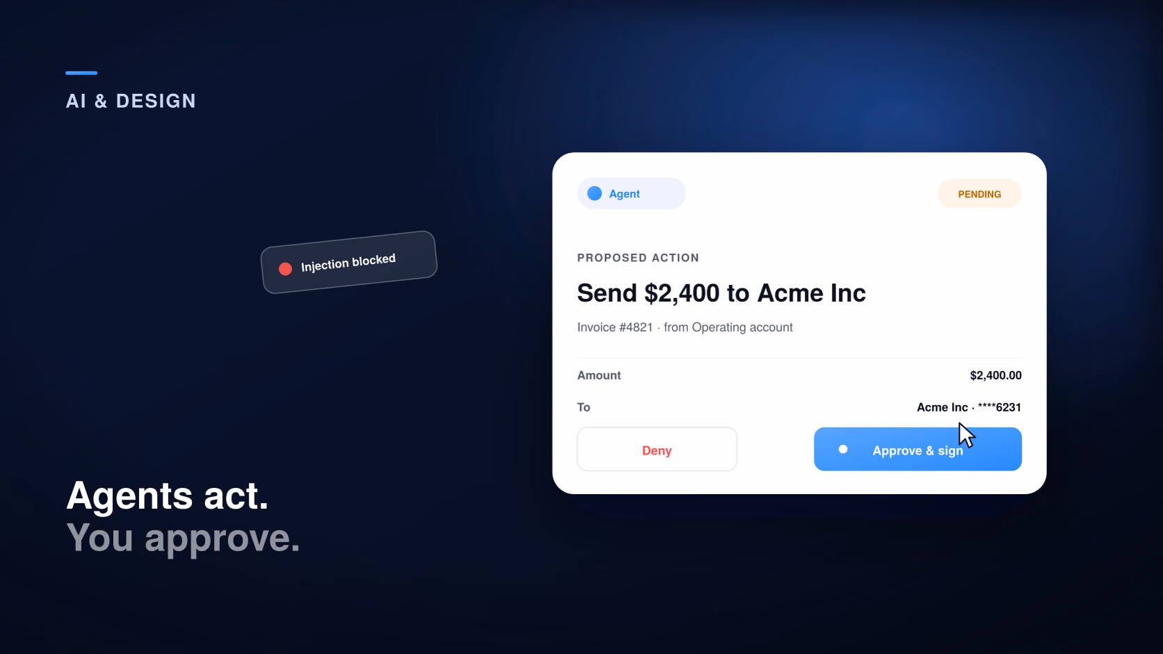 Designing UX for AI agents: an approval gate where a human confirms an agent’s proposed action