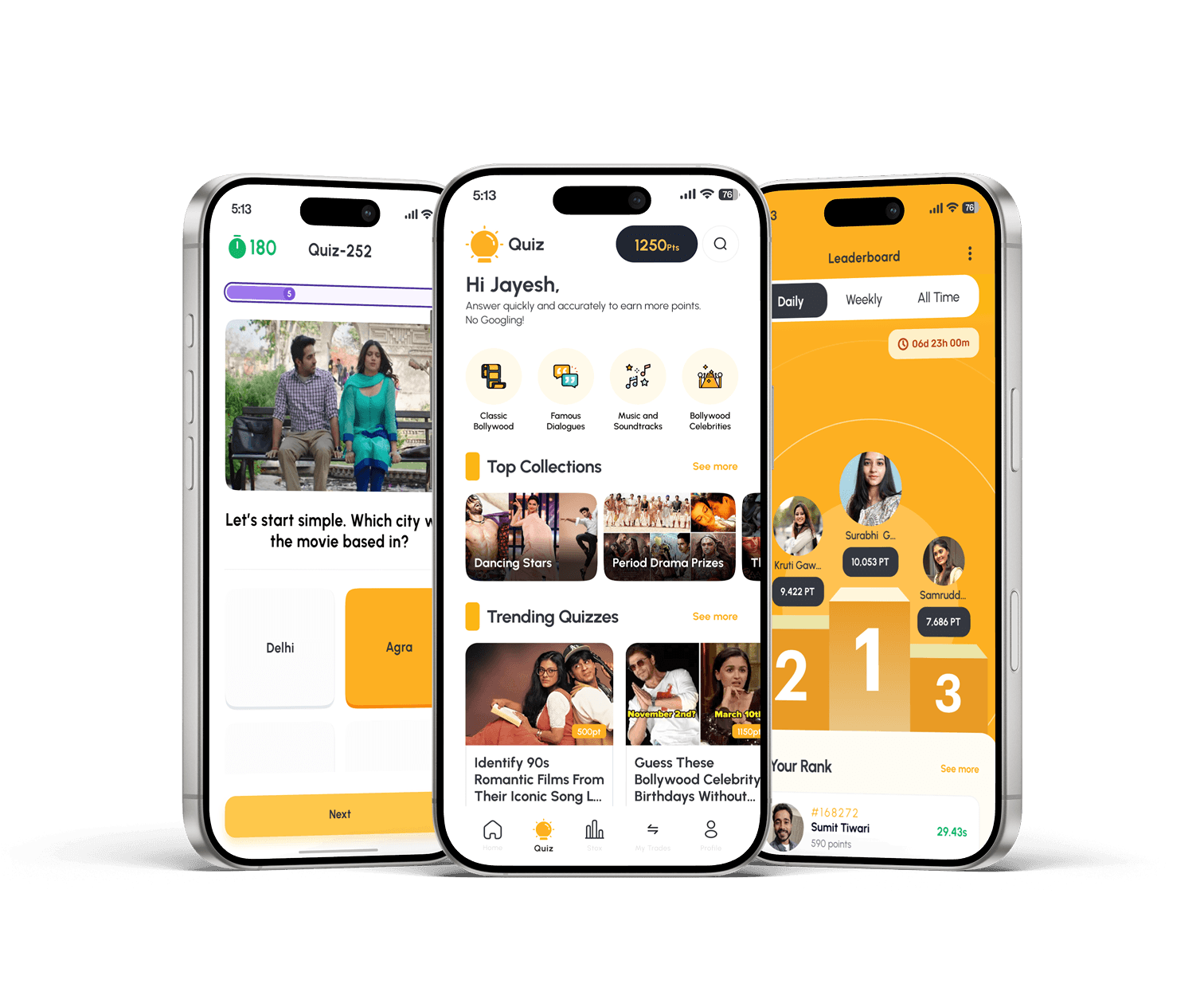 Quiz mode, Quiz home and Leaderboard screens