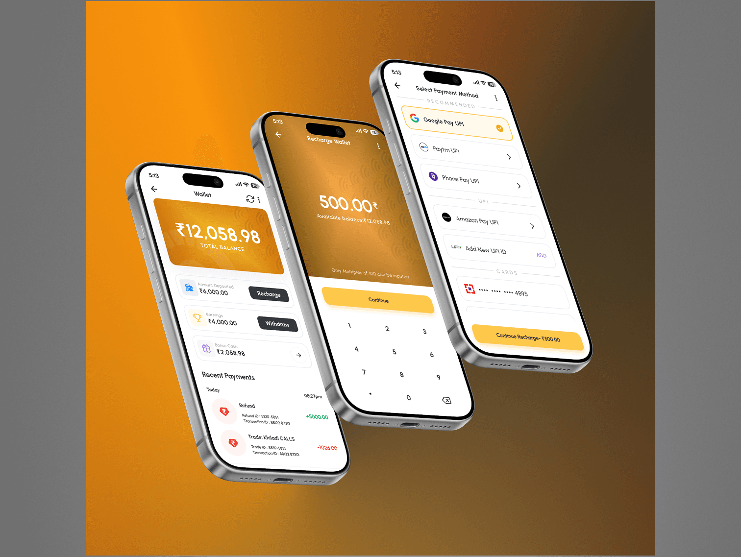 CineTrade: wallet balance, recharge and payment method screens