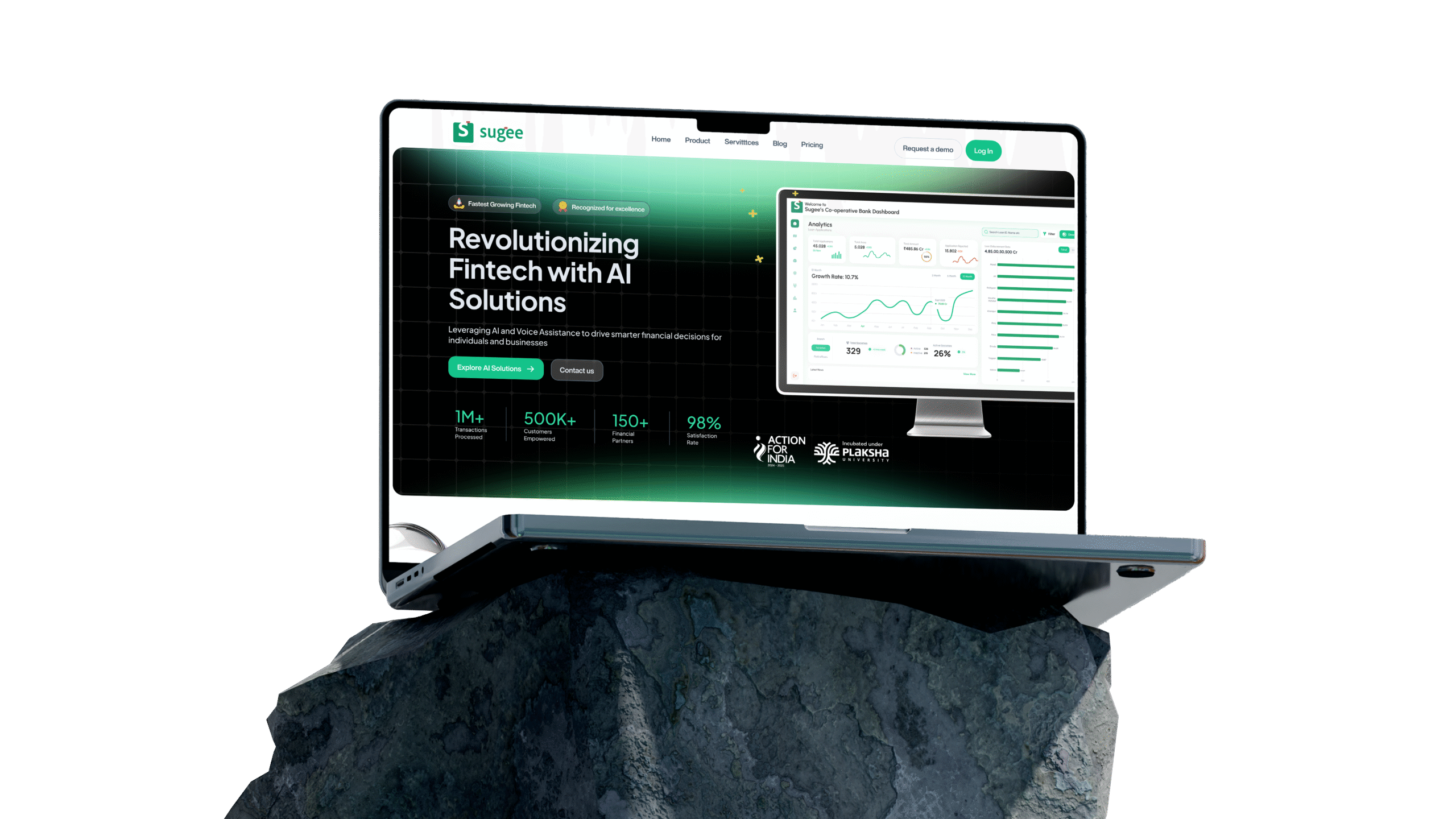 AI-powered fintech dashboard interface by VelossaLabs for Sugee, shown on a modern laptop representing innovative and stable UI/UX design